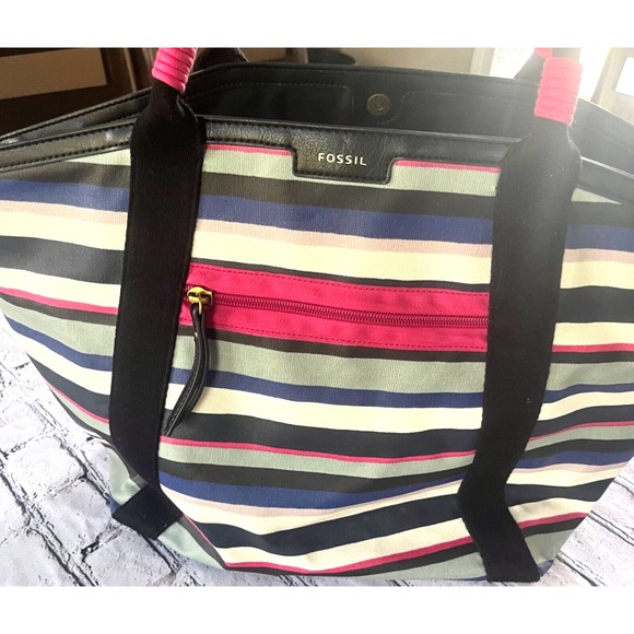 Fossil Large Multicolor Striped Tote Back Durable Pockets Logo Coated Canvas - Picture 2 of 5